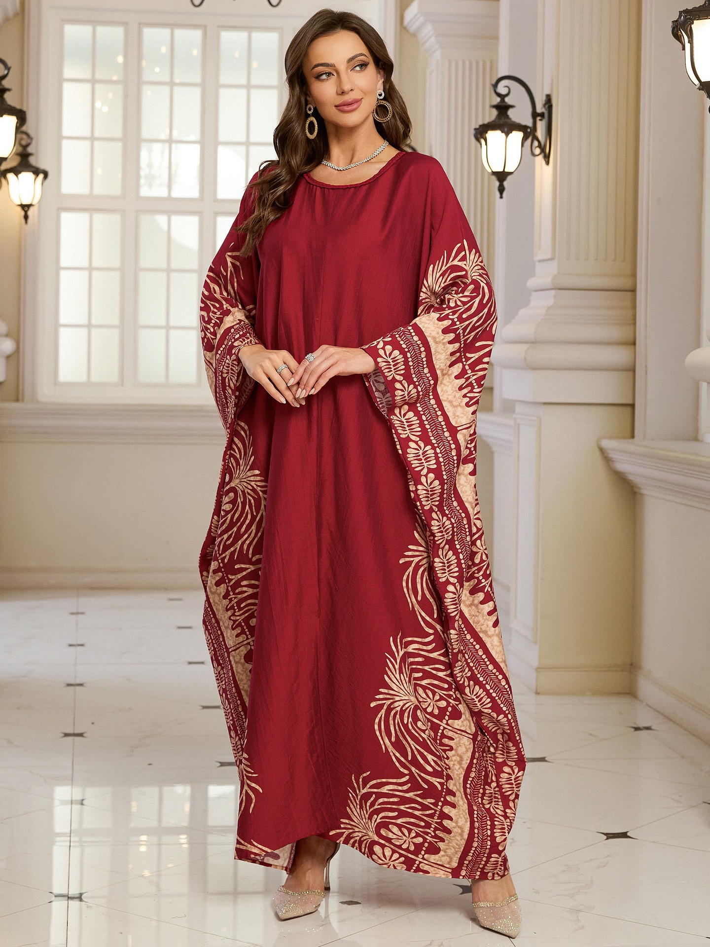 Geometric Pattern Kaftan Maxi Dress with Long Batwing Sleeves for Beach Cover Up